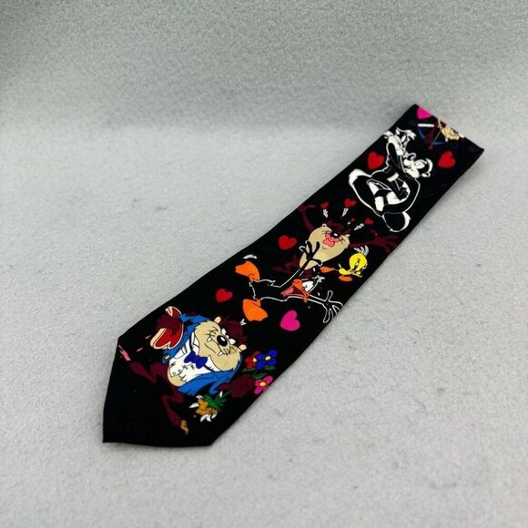 Vintage 1993 Looney Tunes Mens Black Mania Valentine's Day Love Hearts Silk Tie - Picture 1 of 7